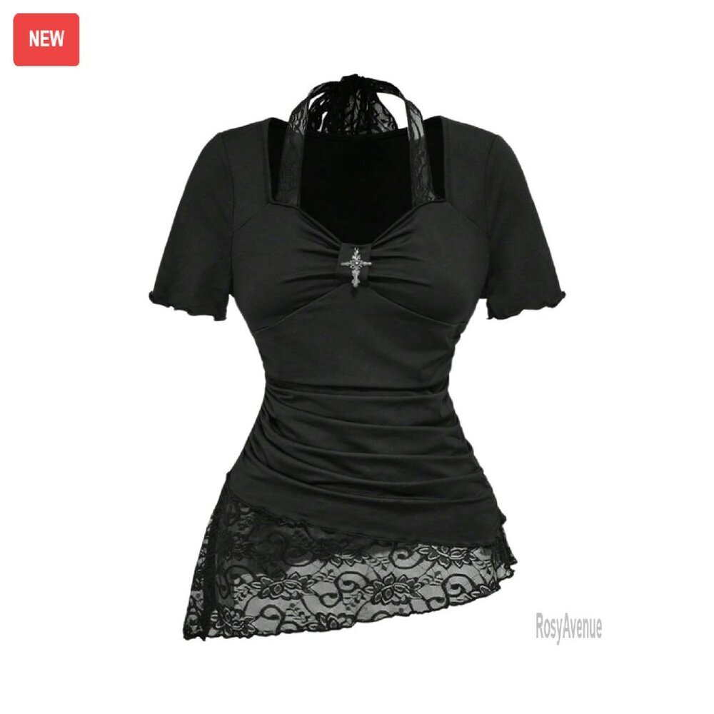 Y2k Grunge Halter Tee With Lace Detail Short Sleeve Slim Fit